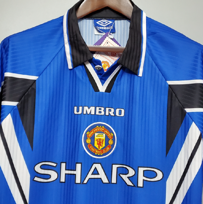 with Golden EPL Patch Retro Jersey 1996-1997 Manchester United Third Away Blue Soccer Jersey