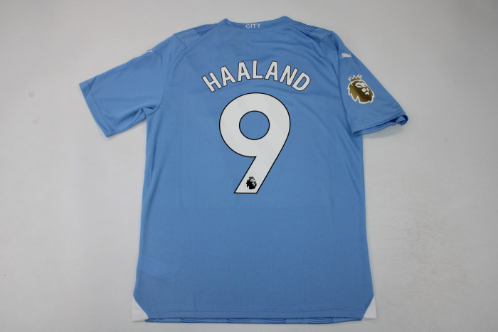 with Golden EPL Patch Fans Version 2023-2024 Manchester City HAALAND 9 Home Soccer Jersey