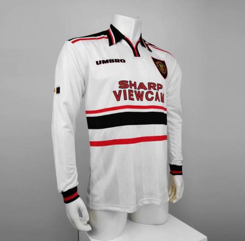 Long Sleeve Retro Jersey 1998-1999 Manchester United Away White Soccer Jersey Vintage Man Uted Football Shirt