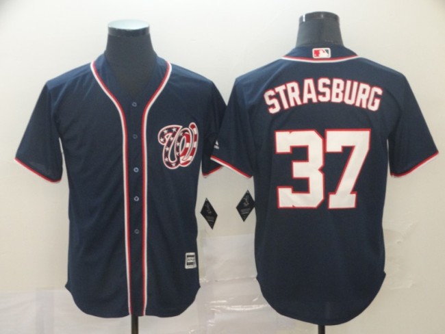 Washington Nationals 37 Stephen Strasburg Navy Team Logo Print Cool Base Jersey