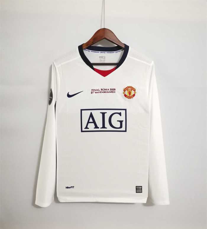 with Front Lettering+UCL Patch Retro Jersey Long Sleeve 2008-2009 Manchester United Away White Soccer Jersey