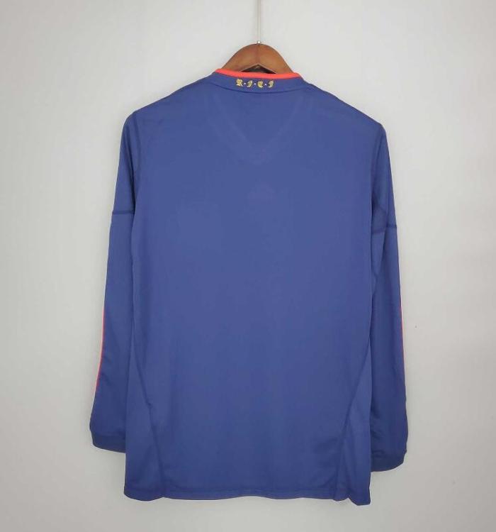 with Front Lettering Long Sleeve Retro Jersey 2010 Spain Away Blue Soccer Jersey