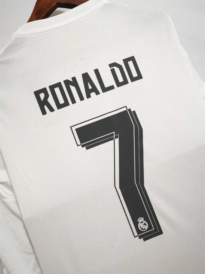 with Front Lettering+UCL Patch Long Sleeve Retro Jersey 2015-2016 Real Madrid RONALDO 7 Home UCL Final Soccer Jersey