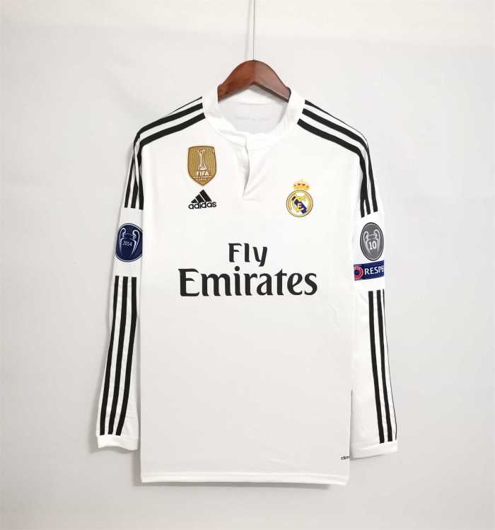 with Gold FIFA+UCL Patch Long Sleeve Retro Jersey 2014-2015 Real Madrid SERGIO RAMOS 4 Home Soccer Jersey