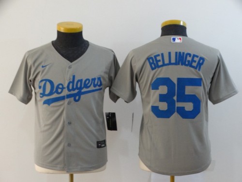 Youth Kids Los Angeles Dodgers 35 BELLINGER Grey 2020 Cool Base Jersey