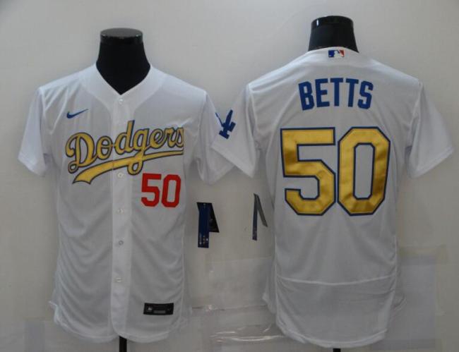 Dodgers 50 Mookie Betts White Gold Nike 2020 World Series Champions Cool Base Jersey