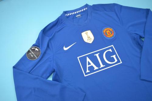 with Gold FIFA+Champions League Patch Retro Jersey Long Sleeve 2008-2009 Manchester United Away Blue Soccer Jersey
