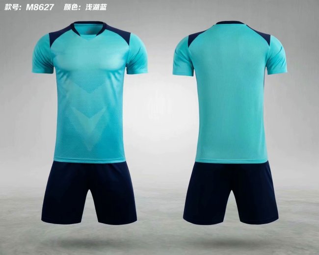 M8627 Light Lake Blue Tracking Suit Adult Uniform Soccer Jersey Shorts