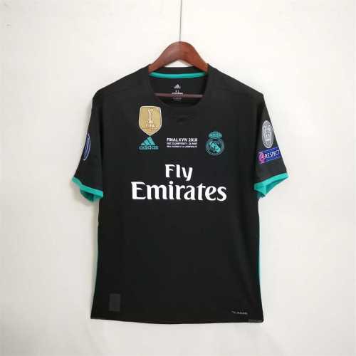 with UCL Patch+Golden FIFA Patch+Front Lettering Retro Jersey 2017-2018 Real Madrid Away Black Soccer Jersey