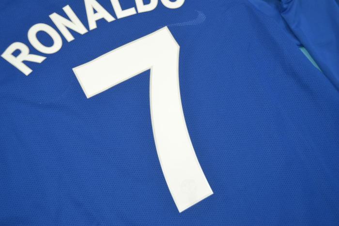 Retro Jersey Long Sleeve 2008-2009 Manchester United #7 RONALDO Away Blue Soccer Jersey with Champions Patches