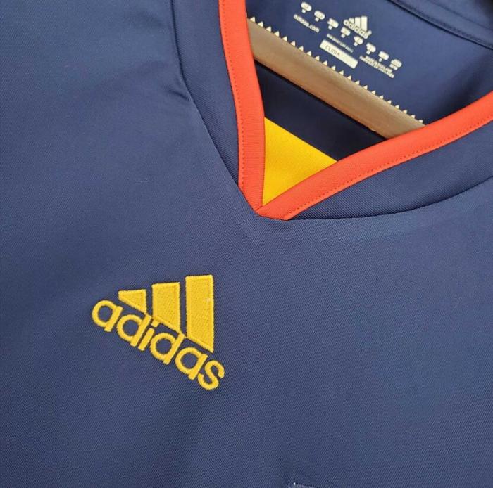 with Front Lettering Long Sleeve Retro Jersey 2010 Spain Away Blue Soccer Jersey