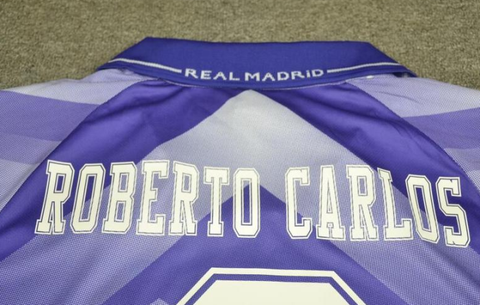 with LFP Patch Retro Jersey Real Madrid 1996-1997 3 ROBERTO CARLOS Away Purple Soccer Jersey