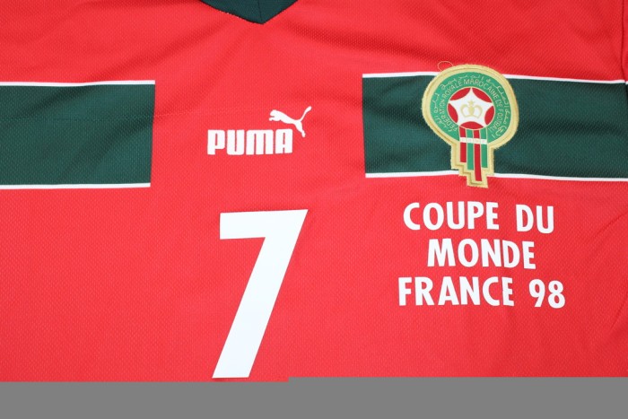 with Front Lettering Long Sleeve Retro Shirt 1998 Morocco Red Soccer Jersey