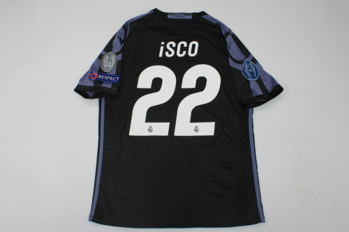 with Golden FIFA Patch+UCL Patch Retro Camisetas de Futbol 2016-2017 Real Madrid 22 ISCO Third Away Black Vintage Soccer Jersey