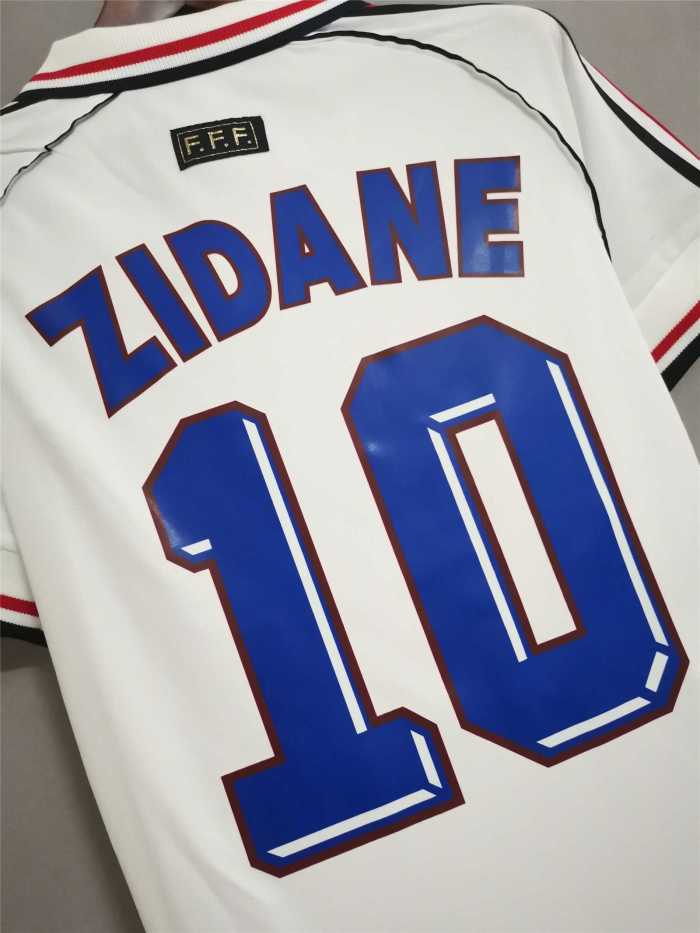 with Front Lettering Retro Jersey 1998 France ZIDANE 10 Away White Soccer Jersey