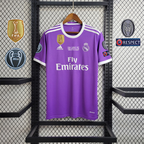 with Golden FIFA Patch+Front Lettering+UCL Patch Retro Jersey 2016-2017 Real Madrid Away Purple Soccer Jersey