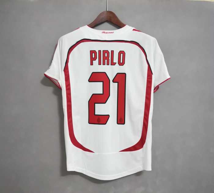 with UCL Patch+Front Lettering Retro Jersey 2006-2007 AC Milan PIRLO 21 Champions League Away White Soccer Jersey