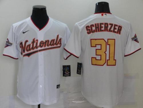 Washington Nationals 31 SCHERZER White/Gold Cool Base Jersey