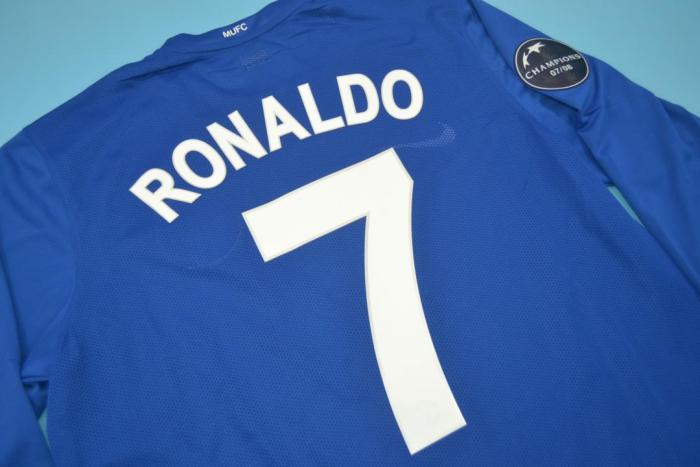 Retro Jersey Long Sleeve 2008-2009 Manchester United #7 RONALDO Away Blue Soccer Jersey with Champions Patches