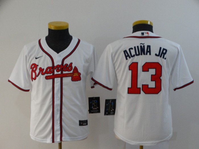 Youth Kids Atlanta Braves 13 ACUNA JR White 2020 Cool Base Jersey