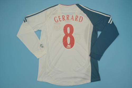 Long Sleeve Retro Jersey 2006-2007 Liverpool 8 GERRARD Away White Soccer Jersey