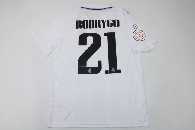 with Front Lettering Patch Fan Version Real Madrid 2023 COPA DE REY FINAL Home Soccer Jersey Real RODRYGO 21 Futbol Shirt