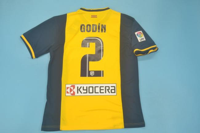 with Back Sponor Logo and LFP Patch Retro Jersey 2013-2014 Atletico Madrid GODIN 2 Away Yellow Soccer Jersey