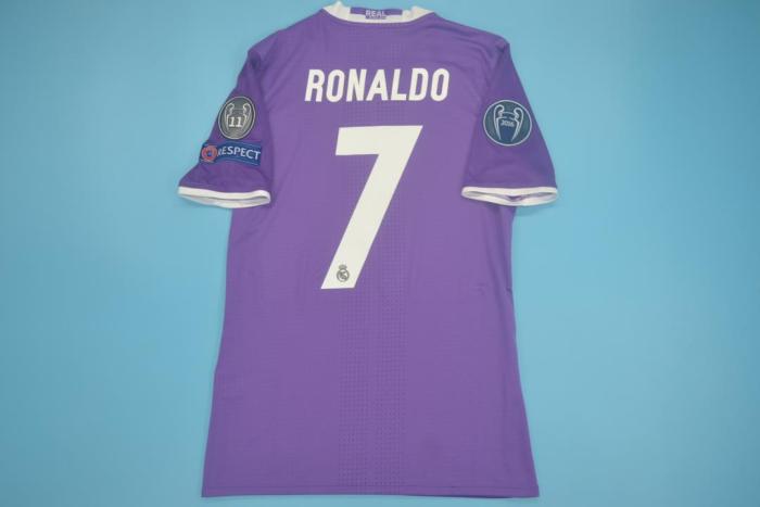 with UCL+Golden FIFA Patch+ Front Lettering Player Version Retro Jersey Real Madrid 2016-2017 RONALDO 7 Away Purple Soccer Jersey