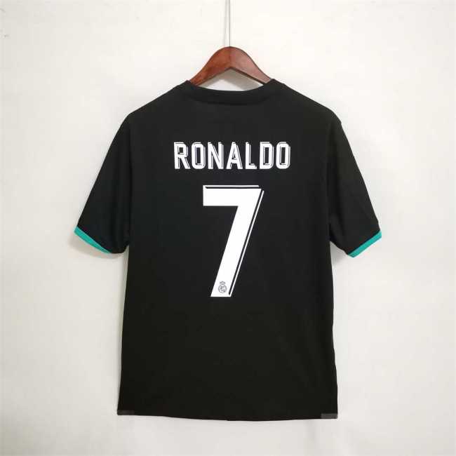with UCL Patch+Golden FIFA Patch+Front Lettering Retro Jersey 2017-2018 Real Madrid RONALDO 7 Away Black Soccer Jersey