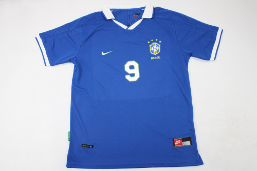 Retro Brasil Camisetas de Futbol 1997 Brazil RONALDO 9 Vintage Away Blue Soccer Jersey