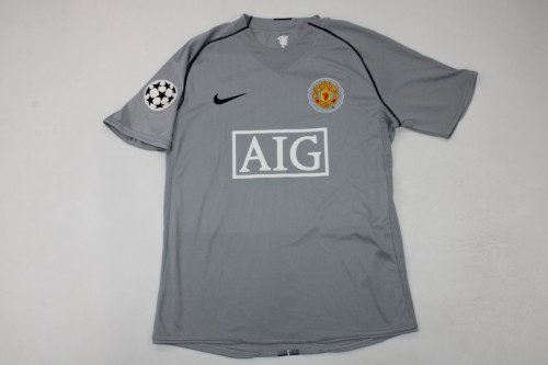 Ronaldo 7 Shirt for with UCL Patch Retro Man United Shirt 2007-2008 Manchester United Vintage Grey Goalkeeper Soccer Jersey