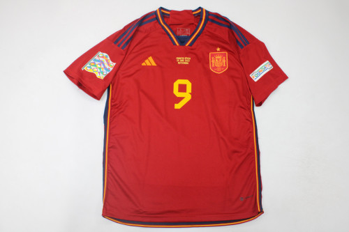 with Front Lettering+Patch SPAIN UEFA NATIONAL LEAGUE 2023 FINAL GAVI 9 Home Soccer Jersey