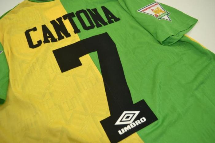 with EPL Patch Retro Jersey 1992-1994 Manchester United CANTONA 7 Away Yellow/Green Soccer Jersey