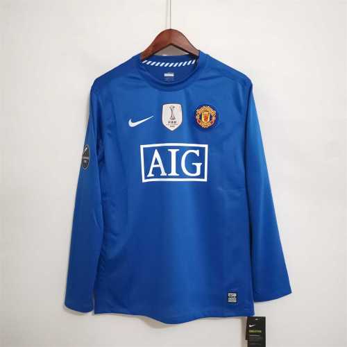 with Front Patch+Champions Patch Retro Jersey Long Sleeve 2008-2009 Manchester United RONALDO 7 Away Blue Soccer Jersey
