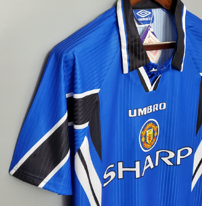 with Golden EPL Patch Retro Jersey 1996-1997 Manchester United Third Away Blue Soccer Jersey