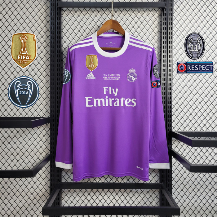 with Golden FIFA Patch+Front Lettering+UCL Patch Retro Jersey Long Sleeve 2016-2017 Real Madrid Away Purple Soccer Jersey