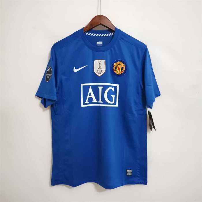 with Golden FIFA+Champions Patch Retro Jersey 2008-2009 Manchester United RONALDO 7 Away Blue Soccer Jersey