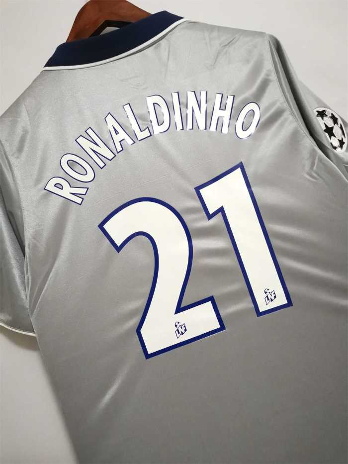 with UCL Patch Retro Jersey 2000 PSG RONALDINHO 21 Away Grey Soccer Jersey