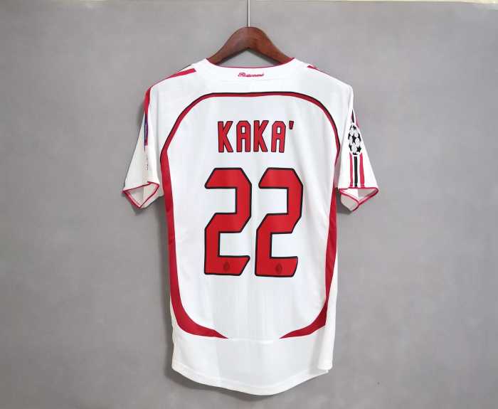 with UCL Patch+Front Lettering Retro Jersey 2006-2007 AC Milan KAKA' 22 Champions League Away White Soccer Jersey