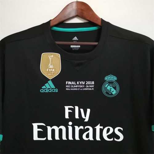 with UCL Patch+Golden FIFA Patch+Front Lettering Retro Jersey 2017-2018 Real Madrid Away Black Soccer Jersey