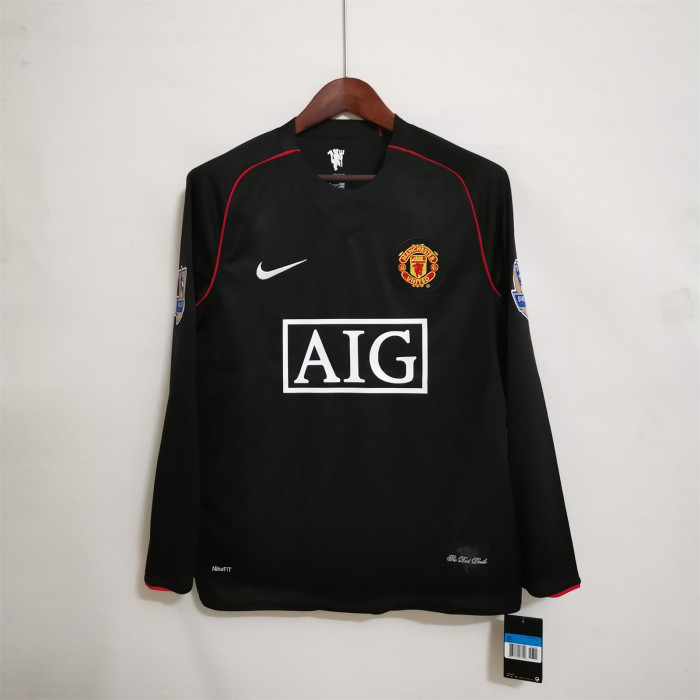 with Golden EPL Patch Long Sleeve Retro Shirt 2007-2008 Manchester United RONALDO 7 Away Black Vintage Soccer Jersey