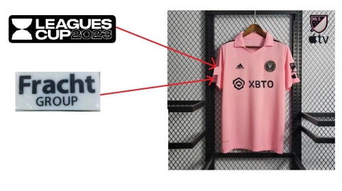 with Leagues Cup 2023+Fracht GROUP+MLS Patch Fan Version 2023-2024 Inter Miami Home Soccer Jersey Football Shirt