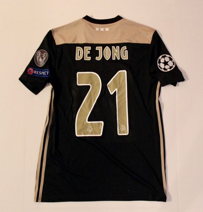 with UEFA Champions League Badge Retro Shirt 2018-2019 Ajax 21 DE JONG Away Black Soccer Jersey
