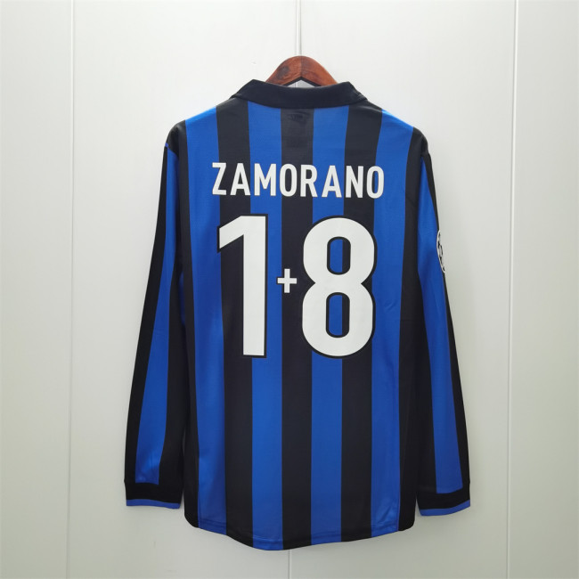 with UCL Patch Retro Jersey Long Sleeve 1998-1999 Inter Milan 1+8 ZAMORANO Home Soccer Jersey Vintage Maillot de Foot