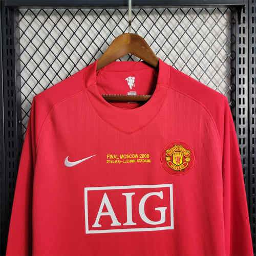 with Front Lettering Retro Jersey Long Sleeve 2007-2008 Manchester United Champions League Home Soccer Jersey