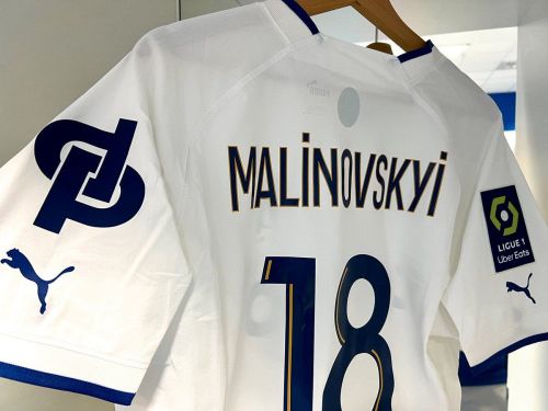 with Ligue 1 Patch+All Sponor Logos Fan Version 2023-2024 Olympique de Marseille 18 MALINOVSKYI Home Soccer Jersey