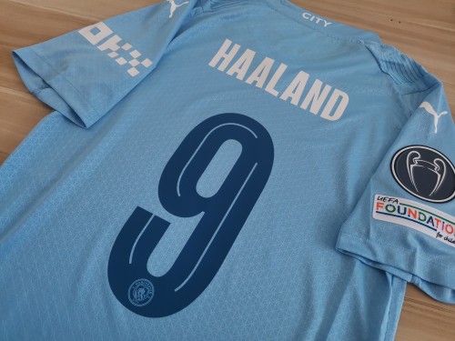 with UCL Patch+Sleeve Sponor HAALAND 9 Shirt for Fan Version 2023-2024 Manchester City Home Football Shirt Man City Soccer Jersey