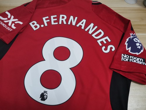with EPL+No room For racism Patch+Sleeve Sponor B.FERNANDES 8 Shirt for Fan Version 2023-2024 Manchester United Home Soccer Jersey