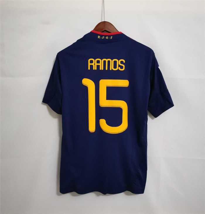 with World Cup Patch+Front Lettering Retro Jersey 2010 Spain RAMOS 15 Away Dark Blue Soccer Jersey