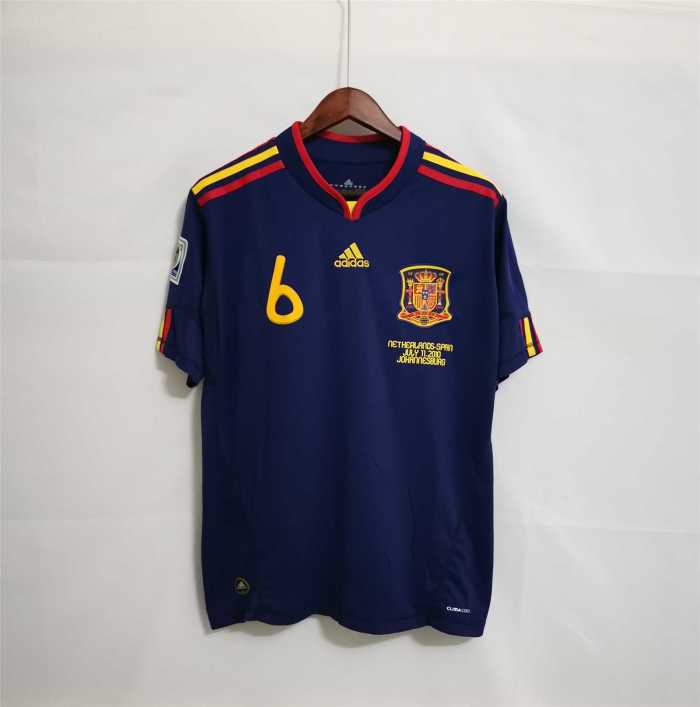 with World Cup Patch+Front Lettering Retro Jersey 2010 Spain A.INIESTA 6 Away Dark Blue Soccer Jersey